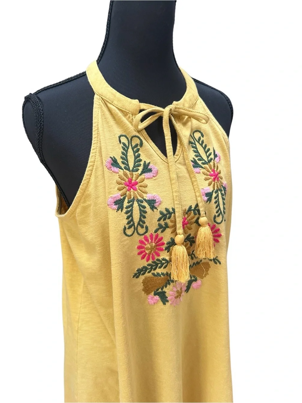 Keep In Touch Boho Hippie Yellow Embroidered Halter Tank Top EUC Size L